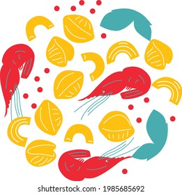 Abstract noodles and seafood set. Italian pasta with shrimps funny cartoon illustration. Vector. Funny colored typography poster, advertising, packaging print design, restaurant menu decoration.