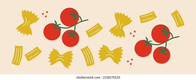 Abstract noodles set. Italian pasta with tomato funny cartoon illustration. Vector on black backgroun. Funny colored typography poster, advertising, packaging print design, restaurant menu decoration.