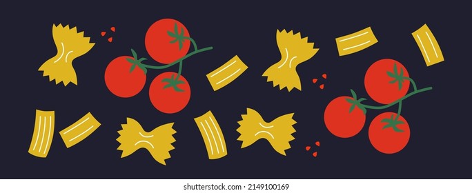 Abstract noodles and vegetables set. Italian pasta with tomato funny cartoon illustration. Vector. Funny colored typography poster, advertising, packaging print design, restaurant menu decoration.