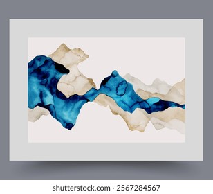 Abstract Nordic composition with waves blue and beige on wall art. Watercolor artwork. Print with abstract composition in frame with decor for poster, for apartment design with Scandinavian interior