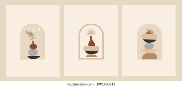 Abstract Nordic paint print set. Scandinavian style poster background collection. Abstract contemporary design vector illustration for wall decoration, home gallery, postcard or brochure cover