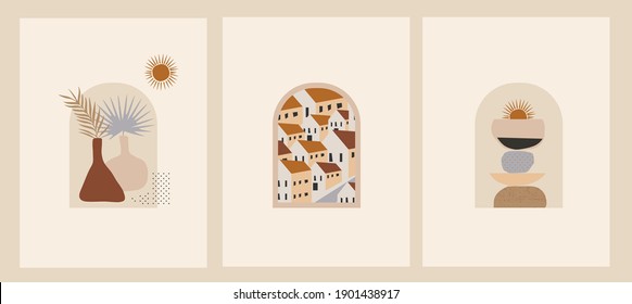 Abstract Nordic paint print set. Scandinavian style poster background collection. Abstract contemporary design vector illustration for wall decoration, home gallery, postcard or brochure cover