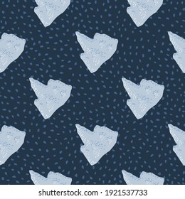 Abstract nordic seamless pattern with creative simple light blue iceberg ornament. Dark navy blue dotted background. Great for fabric design, textile print, wrapping, cover. Vector illustration.