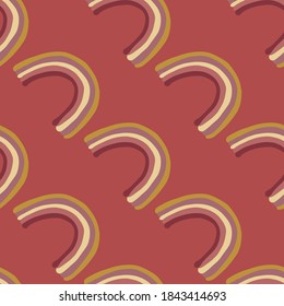 Abstract nordic seamless pattern with rainbow silhouettes. Childish print on maroon background. Sweet dream print. For fabric design, textile print, wrapping, cover. Vector illustration.