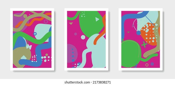 Abstract Nordic Shapes Picture. Contemporary Modern Trendy Vector Illustration. Geometric Bauhaus Design. Wall Art Abstract Scandinavian Background. Set of three prints.