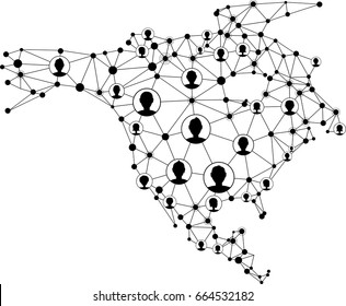 Resumen del mapa de comunicaciones de Norteamérica con la gente. Ilustración vectorial. 