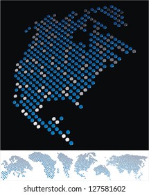 abstract North America map from on array of blue and gray metallic points, on black background with maps of the continents on the white bottom line