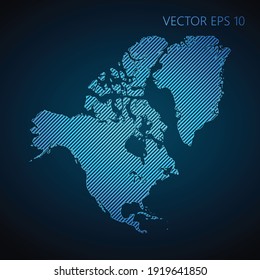 Abstract North America map template made from blue diagonal lines on dark background. Vector illustration EPS10.