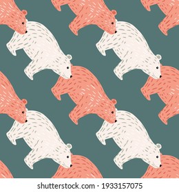 Abstract north animals seamless doodle pattern with white and pink polaar bear silhouettes. Grey background. Perfect for fabric design, textile print, wrapping, cover. Vector illustration.
