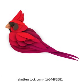 Abstract northern cardinal bird isolated on white background. Creative 3d concept in craft paper cut style. Colorful minimal design character. Original vector cartoon illustration.