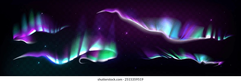 Conjunto de efeito de luzes setentrionais abstrato. Formas flutuantes brilhantes decorativas multicoloridas em um plano de fundo escuro. Gradiente molda holográfico