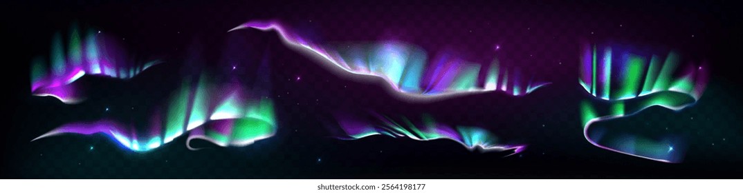 Abstract northern lights effect set. Multi-colored decorative glowing floating shapes on a dark background. Collection gradient  holographik shapes