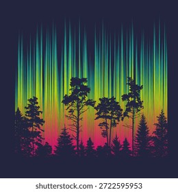 Abstractas aurora boreal en el bosque. Bosque de pinos con el telón de fondo de las auroras boreales. Paisaje forestal.