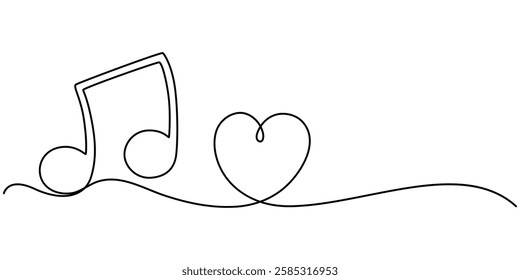 Abstract note as continuous lines drawing on white background. Vector, Treble clef continuous one line drawing. Music note with love sign. Isolated on white background vector illustration. Pro vector.