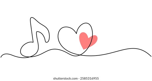 Abstract note as continuous lines drawing on white background. Vector, Treble clef continuous one line drawing. Music note with love sign. Isolated on white background vector illustration. Pro vector.