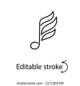 Abstract note with wings outline icon. Sheet music. Record studio logo. Musical store label. Customizable linear contour symbol. Editable stroke. Isolated vector stock illustration