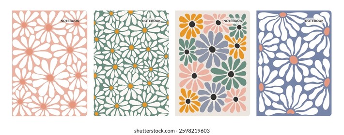 Abstract Notebook Design with Floral Pattern. Vector Daisy Flowers in Retro Groovy Style. Cute Summer Prints for School Book Cover