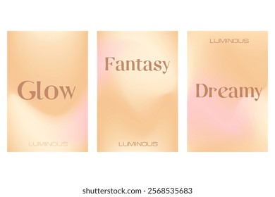 Abstract nude beige, light pink aesthetic poster set, smooth blur gradient background with glowing blurred waves banner. Fluid flow poster with copy space. Wet brush watercolor splashes wavy texture.