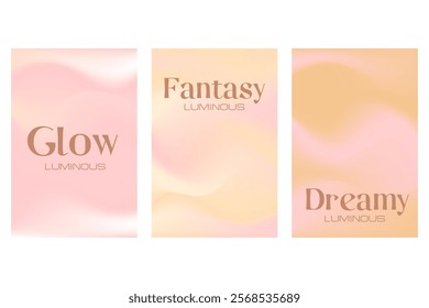Abstract nude beige, light pink aesthetic poster set, smooth blur gradient background with glowing blurred waves banner. Fluid flow poster with copy space. Wet brush watercolor splashes wavy texture.