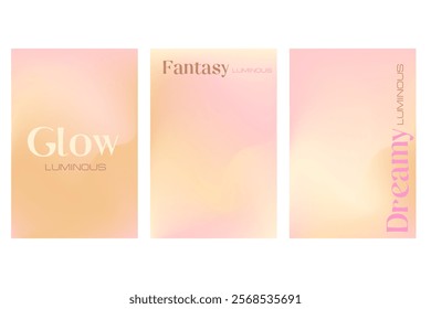 Abstract nude beige, light pink aesthetic poster set, smooth blur gradient background with glowing blurred waves banner. Fluid flow poster with copy space. Wet brush watercolor splashes wavy texture.