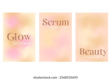 Abstract nude beige, light pink aesthetic poster set, smooth blur gradient background with glowing blurred waves banner. Fluid flow poster with copy space. Wet brush watercolor splashes wavy texture.