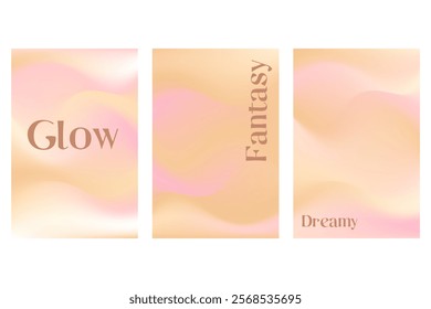 Abstract nude beige, light pink aesthetic poster set, smooth blur gradient background with glowing blurred waves banner. Fluid flow poster with copy space. Wet brush watercolor splashes wavy texture.