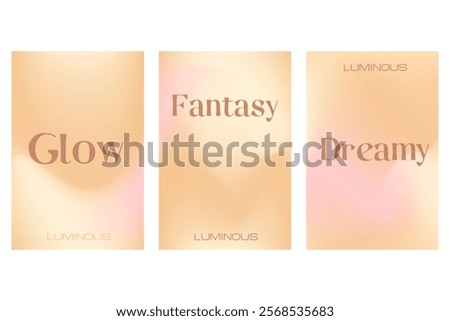Abstract nude beige, light pink aesthetic poster set, smooth blur gradient background with glowing blurred waves banner. Fluid flow poster with copy space. Wet brush watercolor splashes wavy texture.