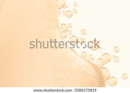 Abstract nude beige liquid lotion or serum background with copy space. Fluid bubbles or droplet flow, fluid collagen texture wallpaper. Beauty product presentation, cosmetic promotion, banner