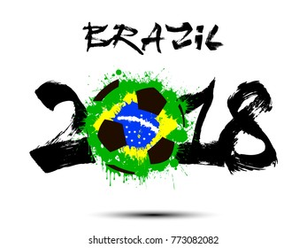 Abstract number 2018 and soccer ball painted in the colors of the Brazil flag. Vector illustration