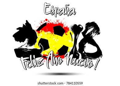 Abstract number 2018 and soccer ball painted in the colors of the Spain flag. Spanish translation of the inscription Spain, Happy New Year. Vector illustration