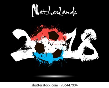 Abstract number 2018 and soccer ball painted in the colors of the Netherlands flag. Vector illustration