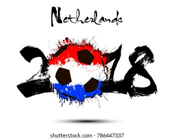 Abstract number 2018 and soccer ball painted in the colors of the Netherlands flag. Vector illustration