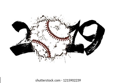 Abstract number 2019 and a baseball ball from blots. 2019 New Year on an isolated white background. Design pattern for greeting card. Grunge style. Vector illustration