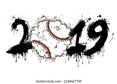 Abstract number 2019 and a baseball ball from blots. 2019 New Year on an isolated background. Design pattern for greeting card. Grunge style. Vector illustration