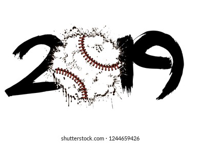 Abstract number 2019 and a baseball ball from blots. 2019 New Year on an isolated white background. Design pattern for greeting card. Grunge style. Vector illustration