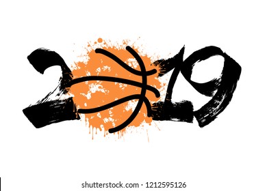 Abstract number 2019 and a basketball ball from blots. 2019 New Year on an isolated white background. Design pattern for greeting card. Grunge style. Vector illustration