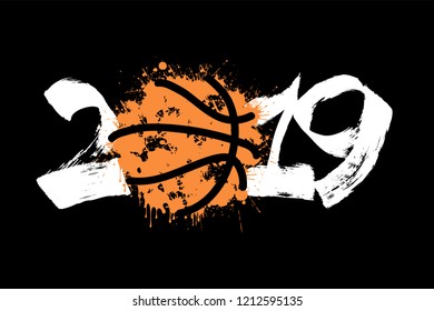 Abstract number 2019 and a basketball ball from blots. 2019 New Year on an isolated white background. Design pattern for greeting card. Grunge style. Vector illustration