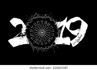 Abstract number 2019 and a bicycle wheel from blots. 2019 New Year on an isolated background. Design pattern for greeting card. Grunge style. Vector illustration