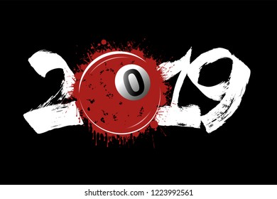 Abstract number 2019 and billiard ball from blots. 2019 New Year on an isolated black background. Design pattern for greeting card. Grunge style. Vector illustration