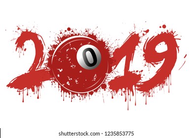 Abstract number 2019 and billiard ball from blots. 2019 New Year on an isolated background. Design pattern for greeting card. Grunge style. Vector illustration