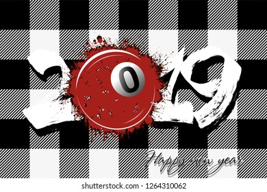 Abstract number 2019 and a billiard ball from blots. 2019 New Year on the background of the Scottish pattern tartan. Design pattern for greeting card. Grunge style. Vector illustration