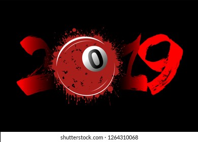 Abstract number 2019 and billiard ball from blots. 2019 New Year on an isolated white background. Design pattern for greeting card. Grunge style. Vector illustration