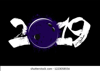 Abstract number 2019 and a bowling ball from blots. 2019 New Year on an isolated black background. Design pattern for greeting card. Grunge style. Vector illustration