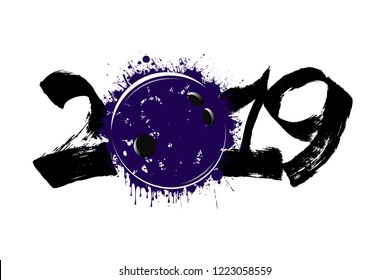Abstract number 2019 and a bowling ball from blots. 2019 New Year on an isolated white background. Design pattern for greeting card. Grunge style. Vector illustration