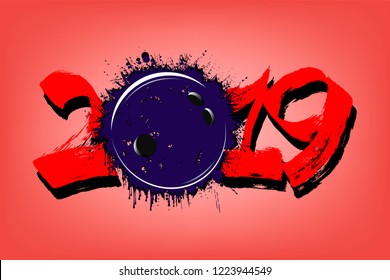 Abstract number 2019 and a bowling ball from blots. 2019 New Year on an isolated red background. Design pattern for greeting card. Grunge style. Vector illustration