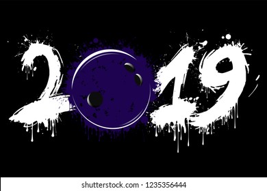 Abstract number 2019 and a bowling ball from blots. 2019 New Year on an isolated background. Design pattern for greeting card. Grunge style. Vector illustration