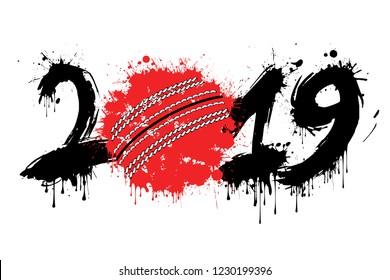 Abstract number 2019 and a cricket ball from blots. 2019 New Year on an isolated white background. Design pattern for greeting card. Grunge style. Vector illustration