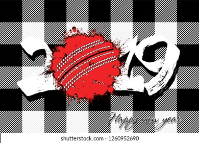 Abstract number 2019 and a cricket ball from blots. 2019 New Year on the background of the Scottish pattern tartan. Design pattern for greeting card. Grunge style. Vector illustration