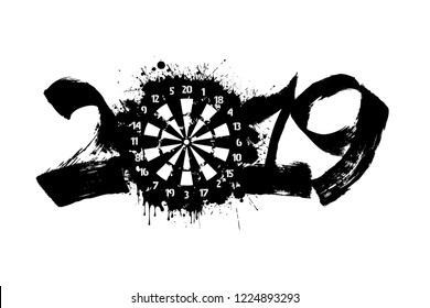 Abstract number 2019 and a dartboard from blots. Darts 2019 New Year on an isolated white background. Design pattern for greeting card. Grunge style. Vector illustration