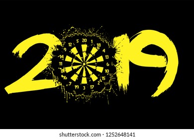 Abstract number 2019 and a dartboard from blots. Darts 2019 New Year on an isolated background. Design pattern for greeting card. Grunge style. Vector illustration